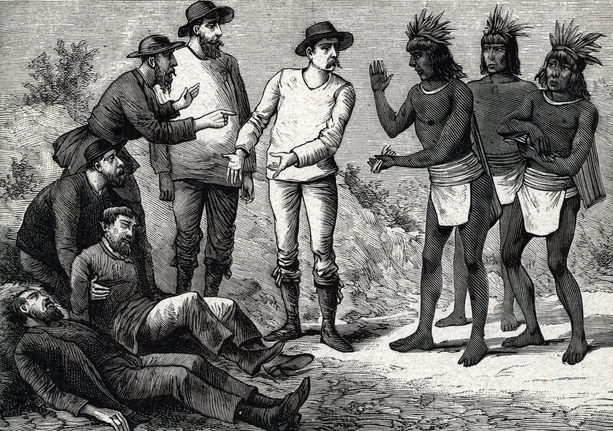 Les habitants du Pérou aidant les Européens coloniaux souffrant de malaria avec de la quinine (gravure) 1888 - French School