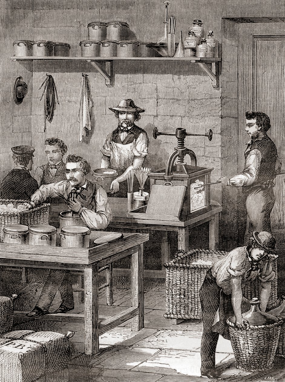 La fabrication du coton-poudre au XIXe siècle, de Les Merveilles de la Science, publié vers 1870 (gravure) - French School