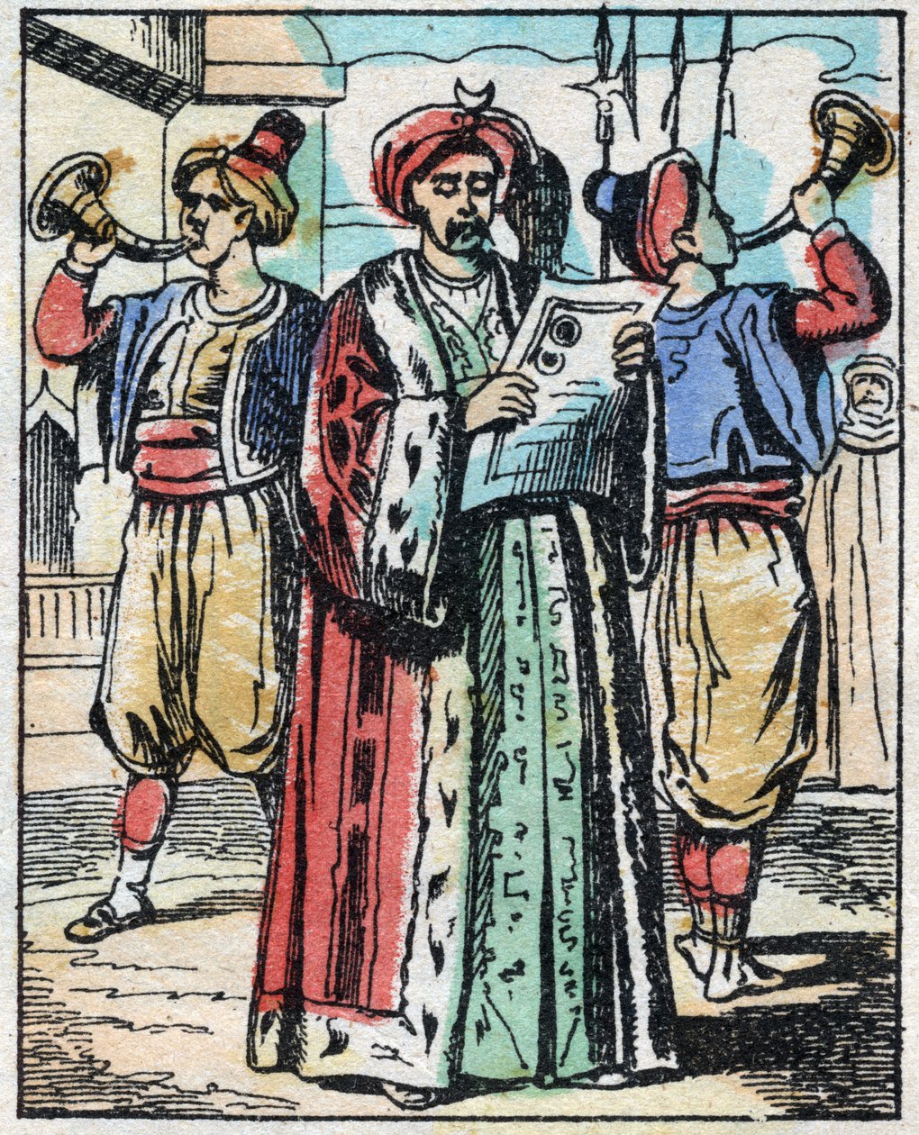 Le mariage de la fille du Sultan avec le fils du Grand Vizir est annoncé par un lecteur public. Gravure du conte des Mille et Une Nuits « Aladin et la Lampe Merveilleuse ». Imagerie d