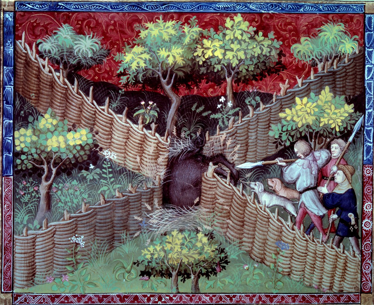 La chasse au sanglier miniature tirée du “Livre de la chasse” de Gaston III Phoebus, Comte de Foix, Seigneur de Béarn (1331-1391) - French School