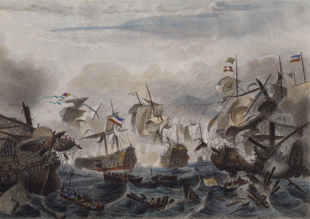 La bataille navale du cap La Hogue en 1692, gravée par Chavanne - French School