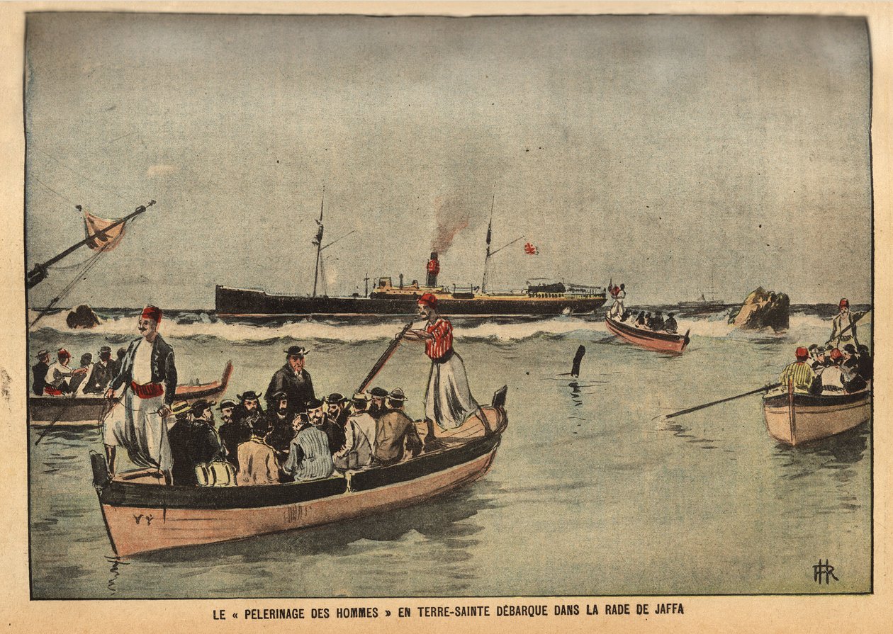 Le pèlerinage des hommes en Terre Sainte de Jaffa (Israël). Gravure dans "Le pelerin" 8/09/1901. Collection Selva. - French School