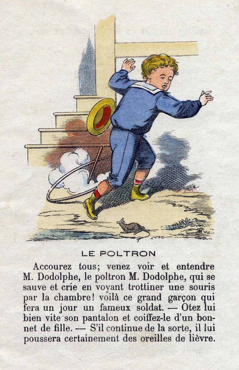 Le poltron. Un enfant jouant au cerceau effrayé par une souris. Alphabet des petits garçons. Abécédaire à valeur morale contenant des exercices de lecture. Imagerie d