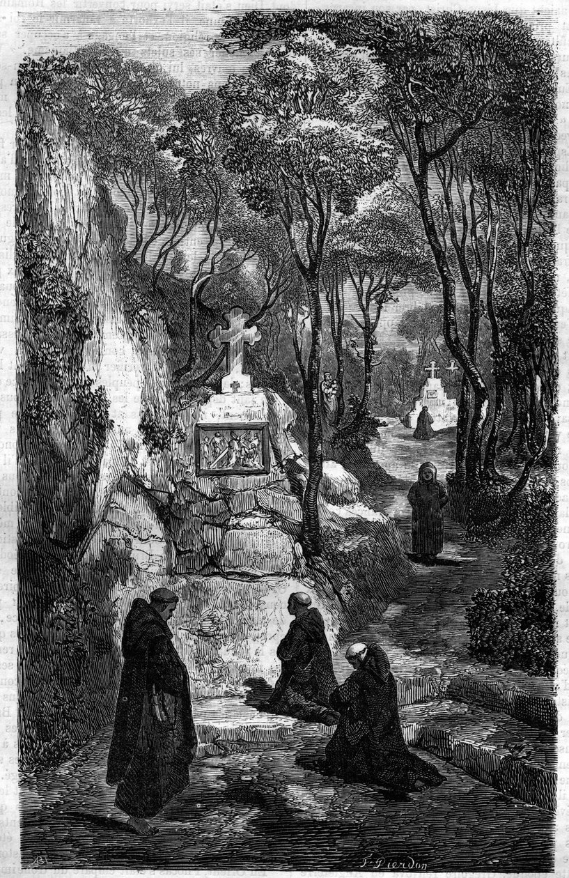 Les religieux de Saint Benoît en prière. Gravure dans « Histoire des Papes-Rois-Reines et Empereurs à travers les siècles » de Maurice Lachatre - French School