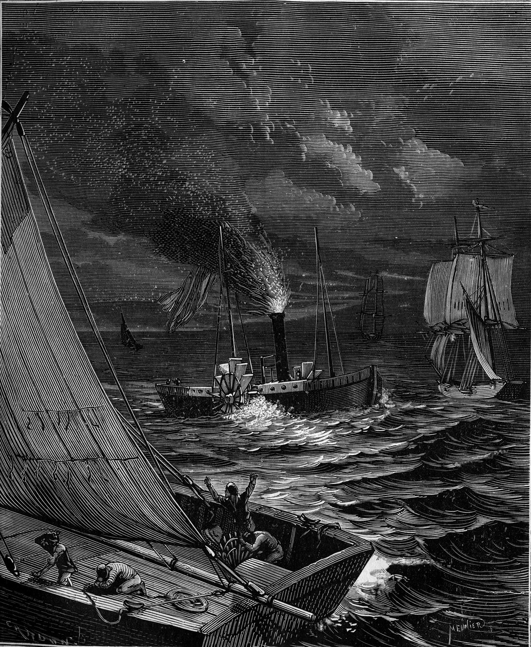 Le navire construit en 1807 par Robert Fulton pour la route New York - Albany sur le fleuve Hudson - French School
