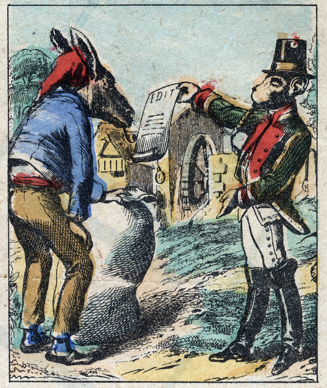 Le lion malade et le renard. Fables de Jean de La Fontaine (1621-95). Imagerie d