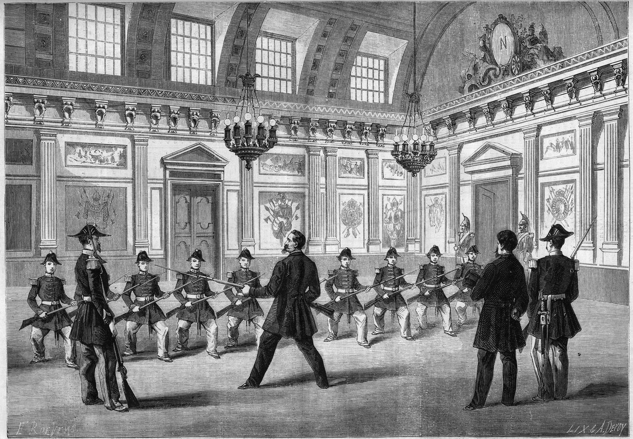Le fils de Napoléon III, Prince Impérial (1856-1879), pratiquant les armes avec les gardes, devant son père l