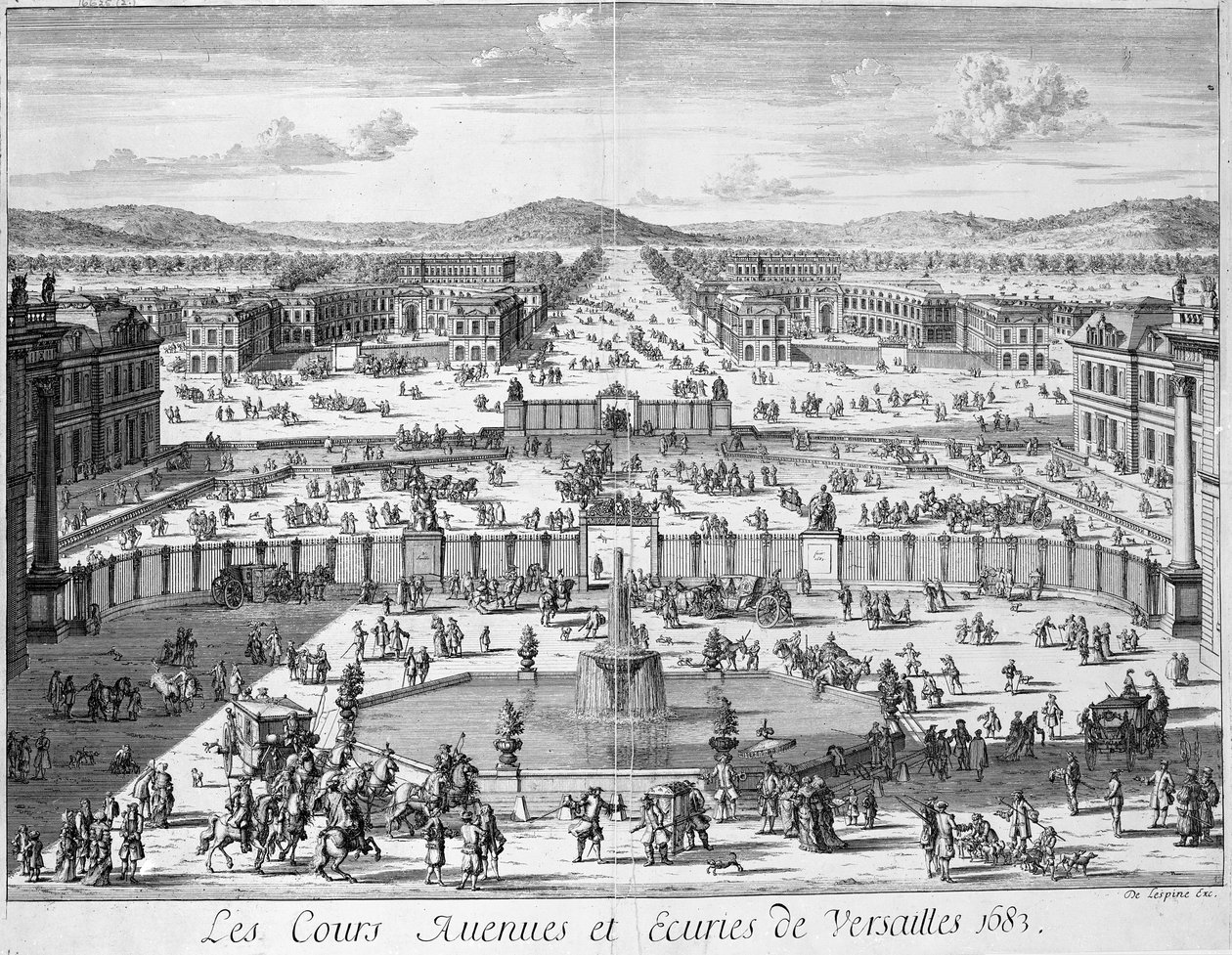Les écuries et les portes de Versailles vues du Palais, 1683 - French School