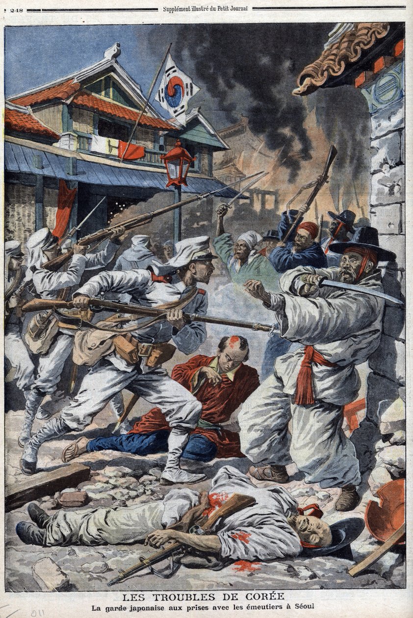 Les troubles en Corée, la garde japonaise aux prises avec les émeutiers à Séoul, mécontents de l