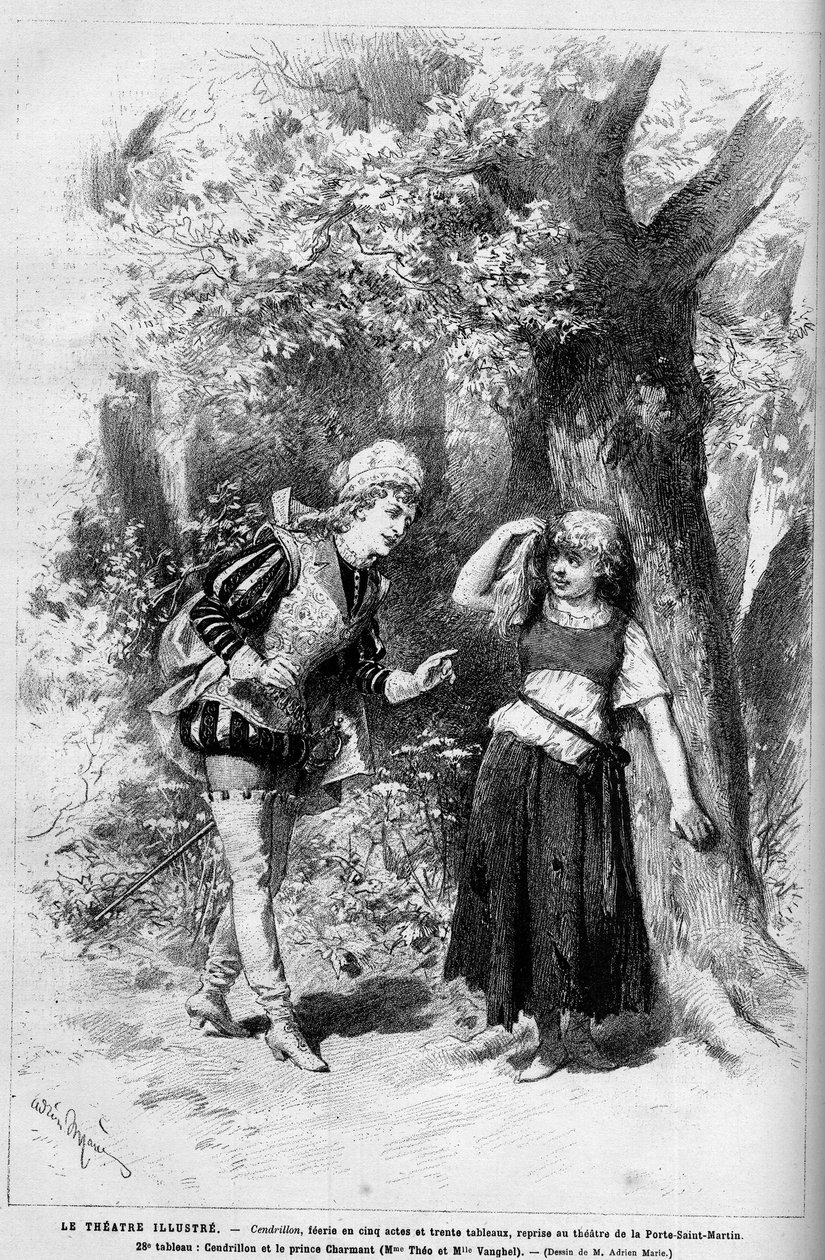 Représentation théâtrale : Cendrillon et le Prince Charmant interprétés par Mme Théo et Mlle Vanghel pour la pièce "Cendrillon" de Clairville (Louis François Nicolaie) - French School