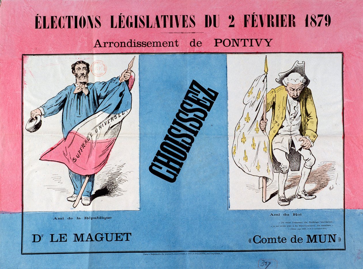 Troisième République : affiche pour les élections législatives du 2/02/1879 dans la commune de Pontivy (Morbihan). Paris, Musée de l