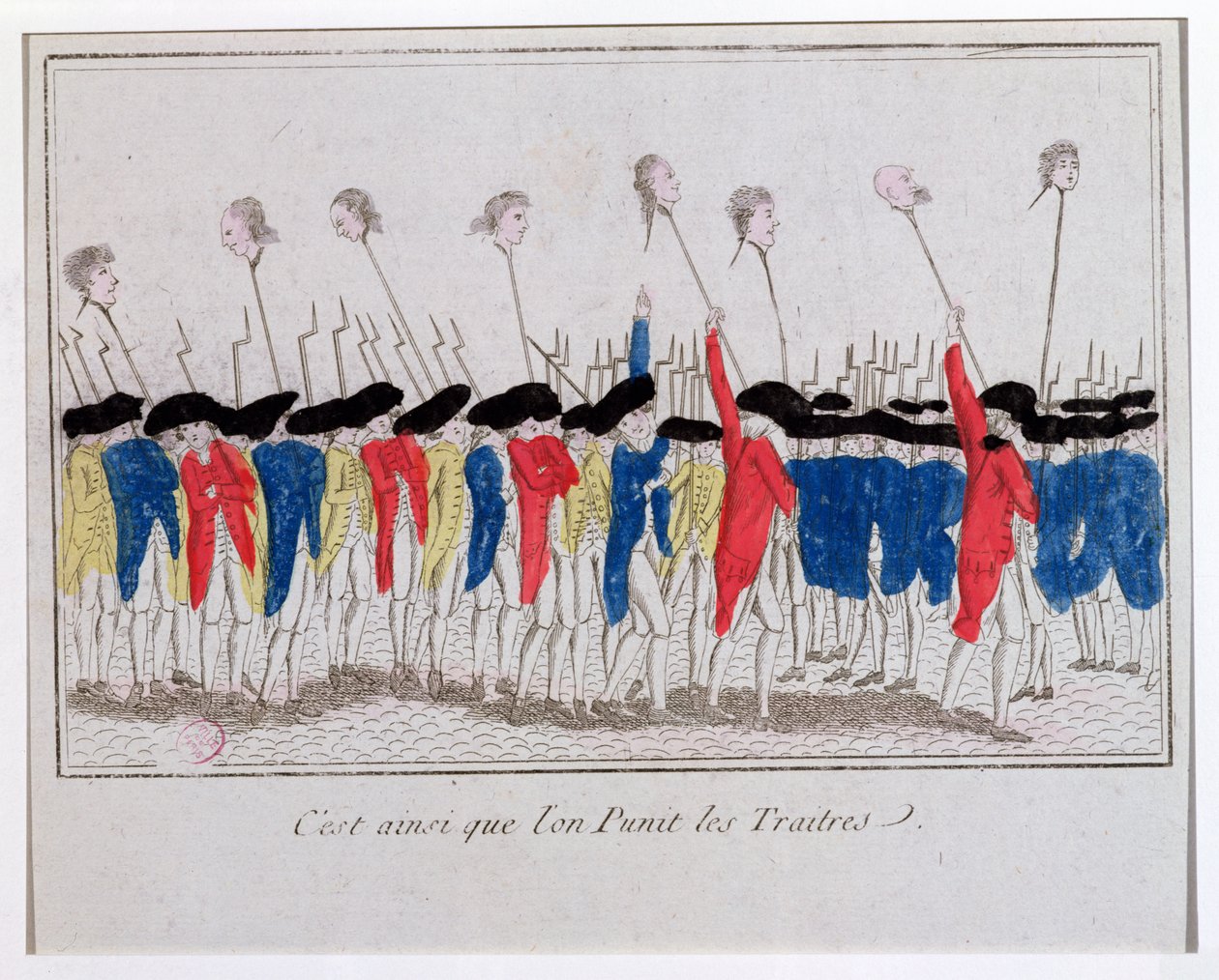 Voici comment les traîtres sont punis, sans-culottes portant les têtes des guillotinés, 1789 - French School