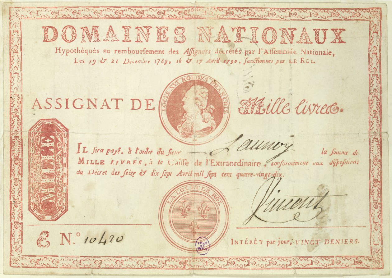 Billet de mille livres avec une image de Louis XVI (1754-93) 1790 - French School