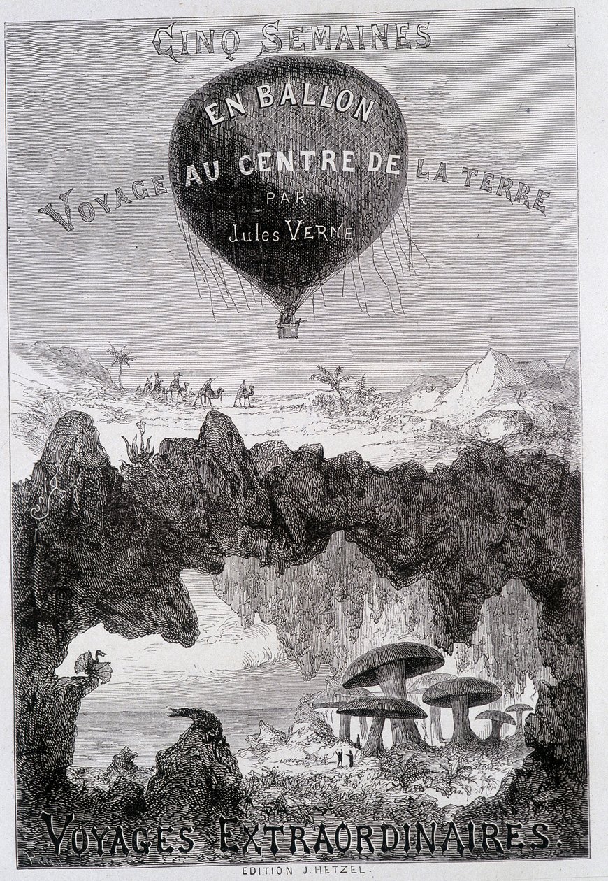 Page de titre : « Cinq semaines en ballon » et « Voyage au centre de la Terre » par Jules Verne, sd. Éditions Hetzel sous le nom général « Les Voyages extraordinaires » - French School