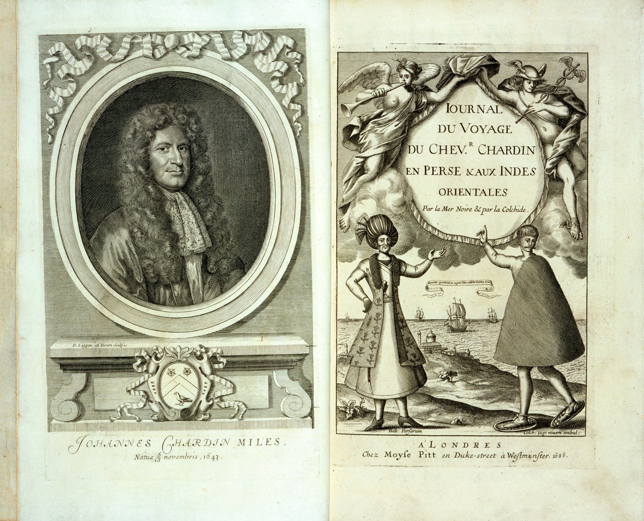 Page de titre et portrait en frontispice du Journal du Voyage de Chevalier Chardin en Perse et aux Indes Orientales par Jean Chevalier Chardin, 1686 - French School