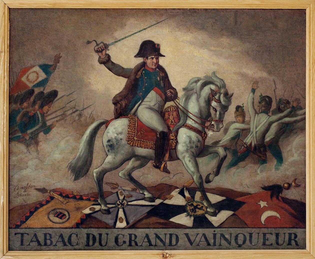 Au tabac du grand gagnant. (portrait équestre de Napoléon Bonaparte (1769-1821), menant ses troupes à la bataille) - French School