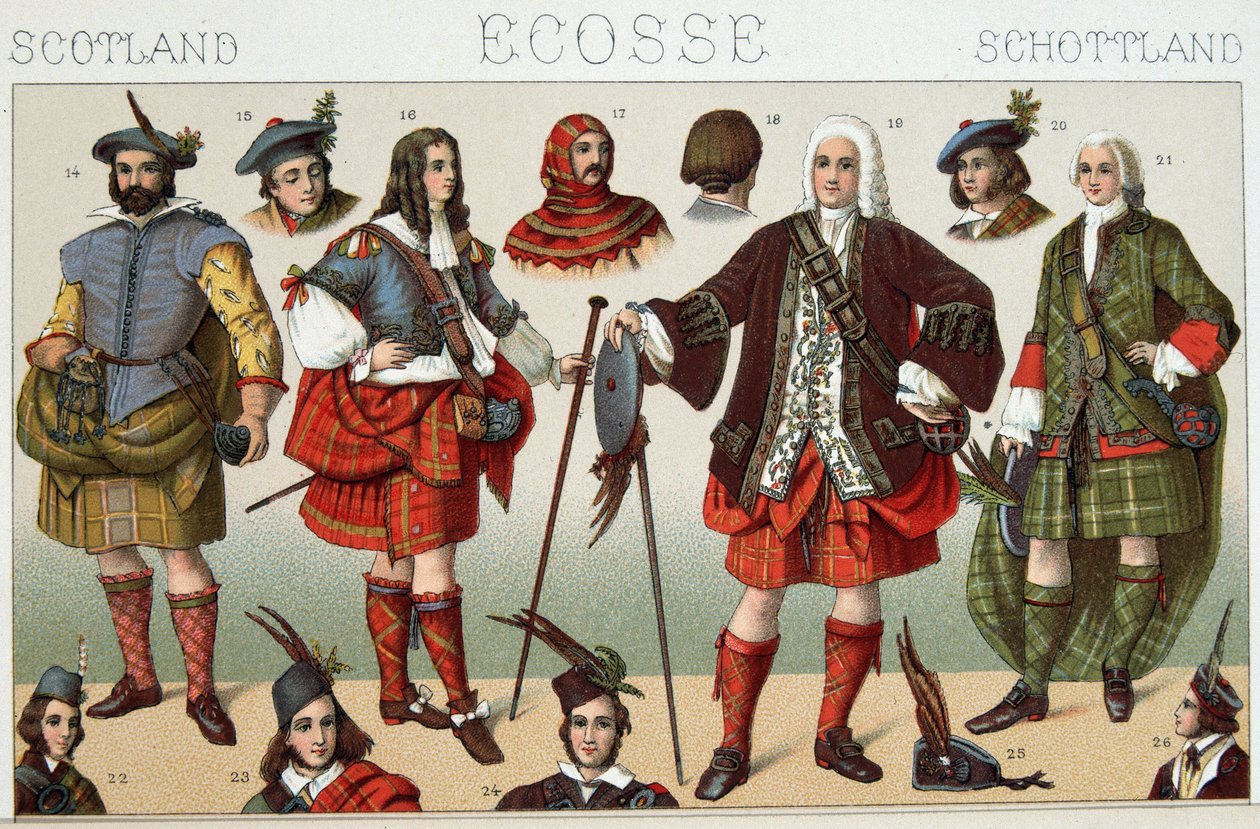 Costumes traditionnels écossais - dans « Le costume historique » par Racinet - French School