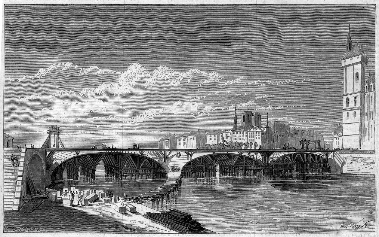 Transformations de Paris sous le Second Empire, Paris Haussmannien : vue du Pont au Change pendant sa reconstruction. Gravure dans « Le Monde Illustré » n°169 du 7 juillet 1860. - French School