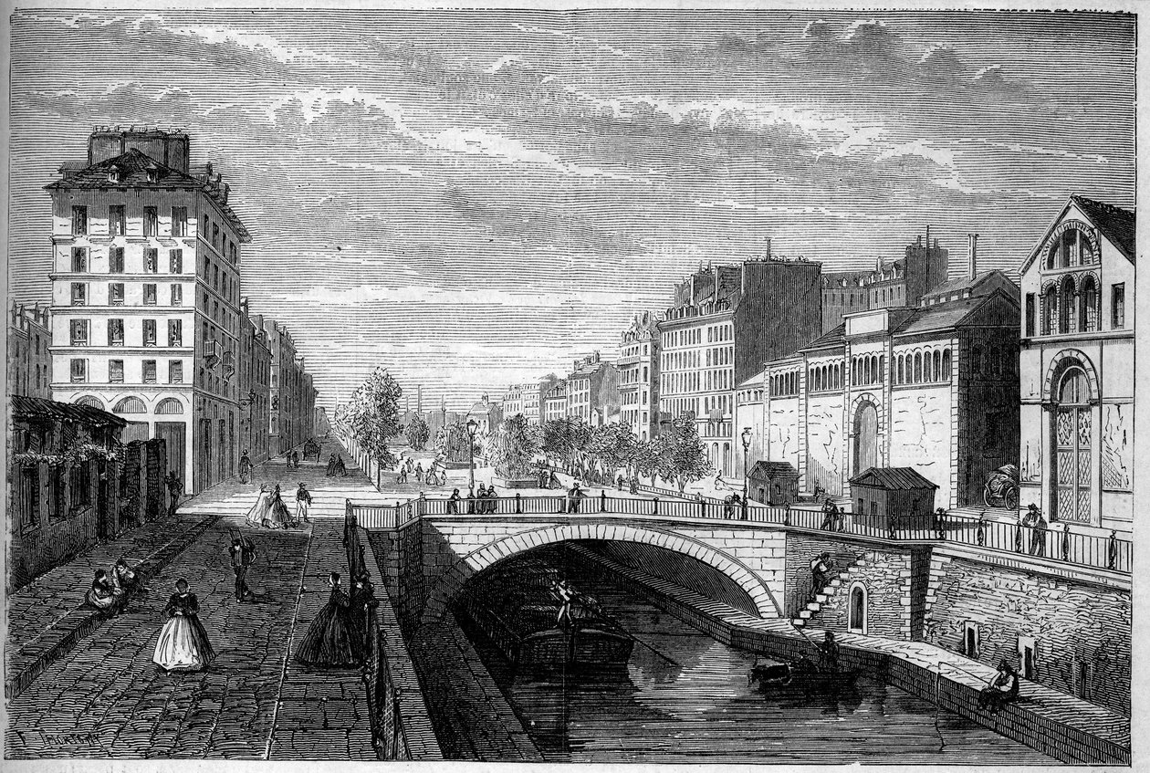 Transformations de Paris sous le Second Empire, Paris haussmannien : vue du boulevard Richard Lenoir établi sur la voûte du Canal Saint Martin. Gravure dans Le Monde Illustré n°233 du 28 septembre - French School