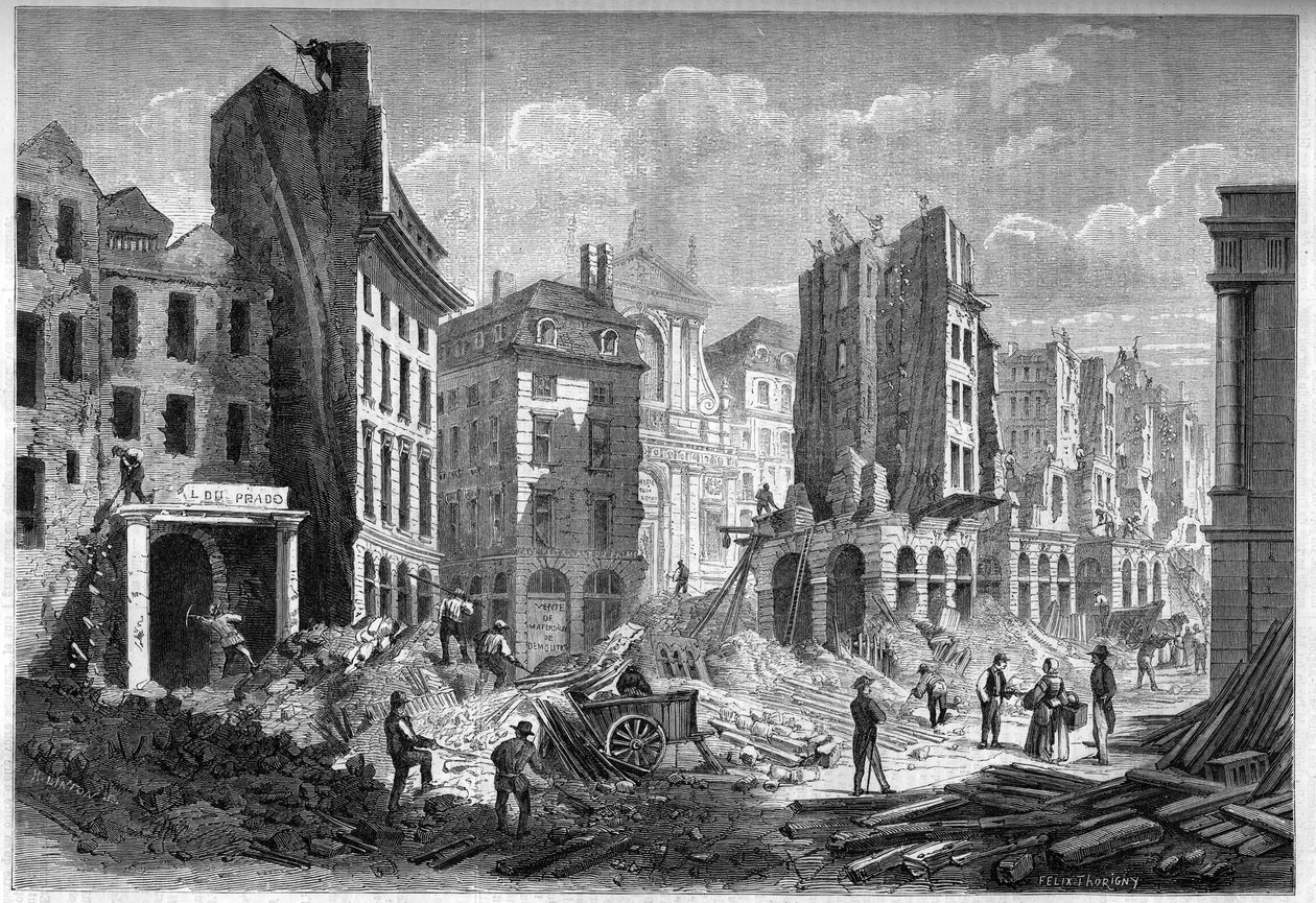 Transformations de Paris sous le Second Empire, Paris Haussmann : démolition de la rue de la Barillerie pour le percement du boulevard Sébastopol. Gravure dans Le Monde Illustré n°126 du 10 septembre 1859. - French School