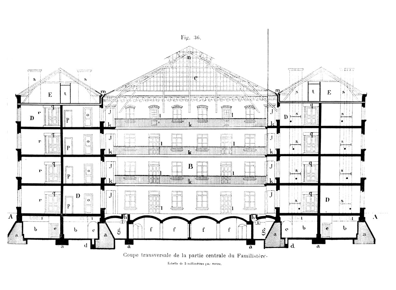 Section transversale de la partie centrale du Familistère de Guise, de Solutions Sociales par Jean-Baptiste André Godin (1817-88), Paris, 1871 - French School