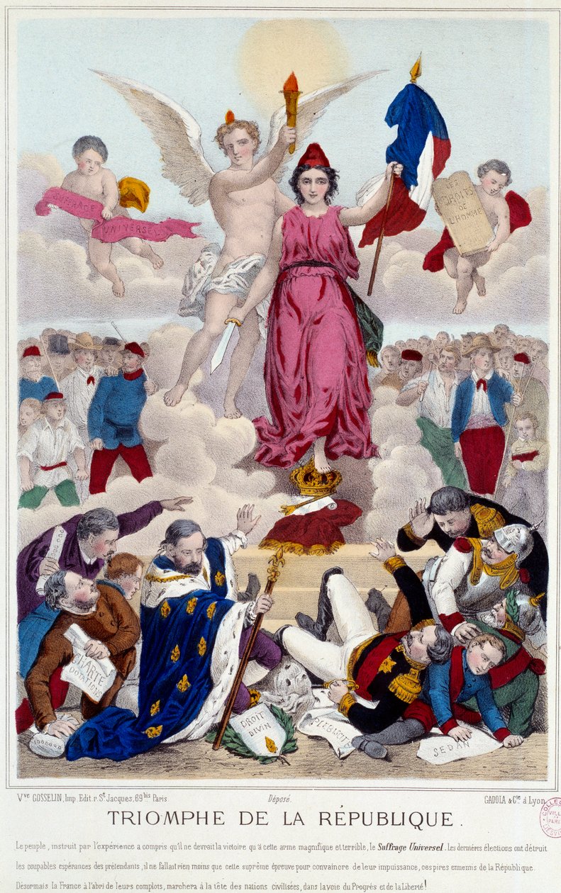 Triomphe de la république, gravure de 1875. Allégorie sur le suffrage universel qui détruit les ennemis de la république : "[...] Mais la France est à l