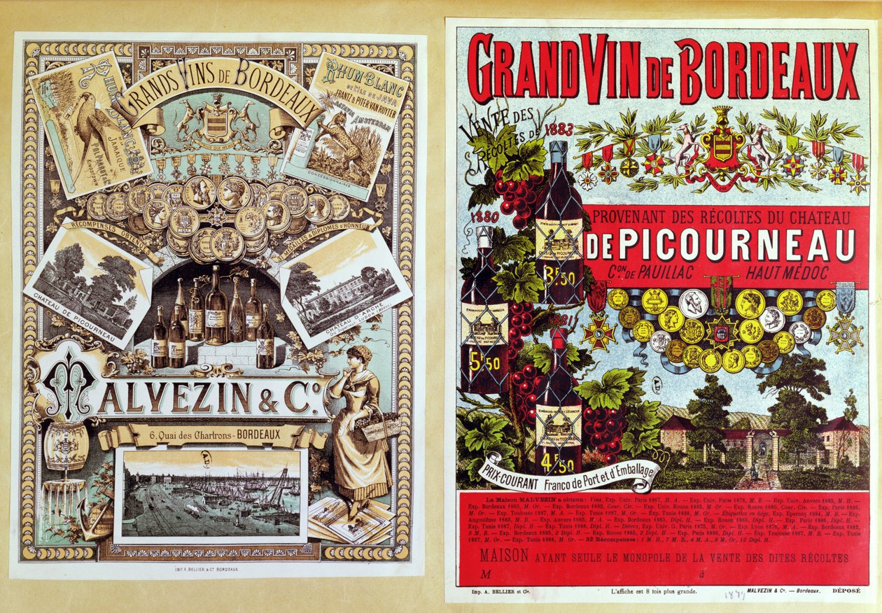 Deux publicités pour Malevezin et Compagnie distributeurs et le vignoble du Château de Picourneau, région de Bordeaux, fin du XIXe siècle - French School