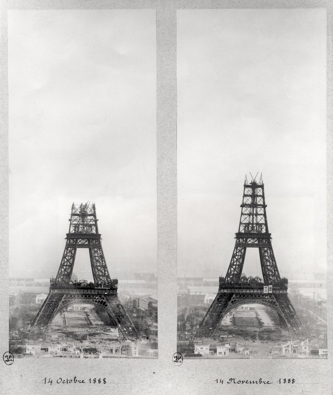 Deux vues de la construction de la Tour Eiffel, Paris, 14 octobre et 14 novembre 1888 - French School