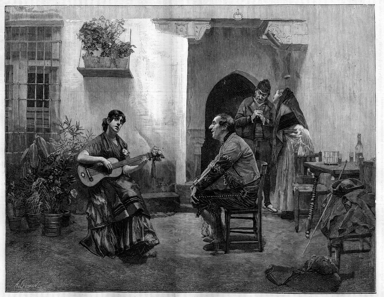 Sous le charme : un homme écoute avec admiration une jeune fille espagnole jouant de la guitare. Gravure d