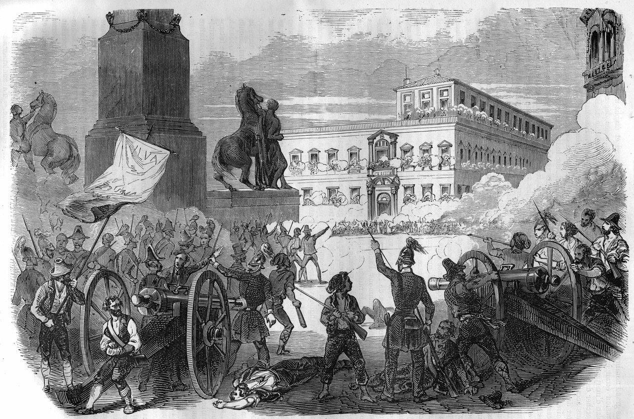 Soulèvement à Bologne : renversement du gouvernement pontifical sous Grégoire XVI Pape de 1831 à 1846. Gravure dans « Histoire des Papes-Rois-Reines et Empereurs à travers les siècles » par Maurice Lachatre - French School