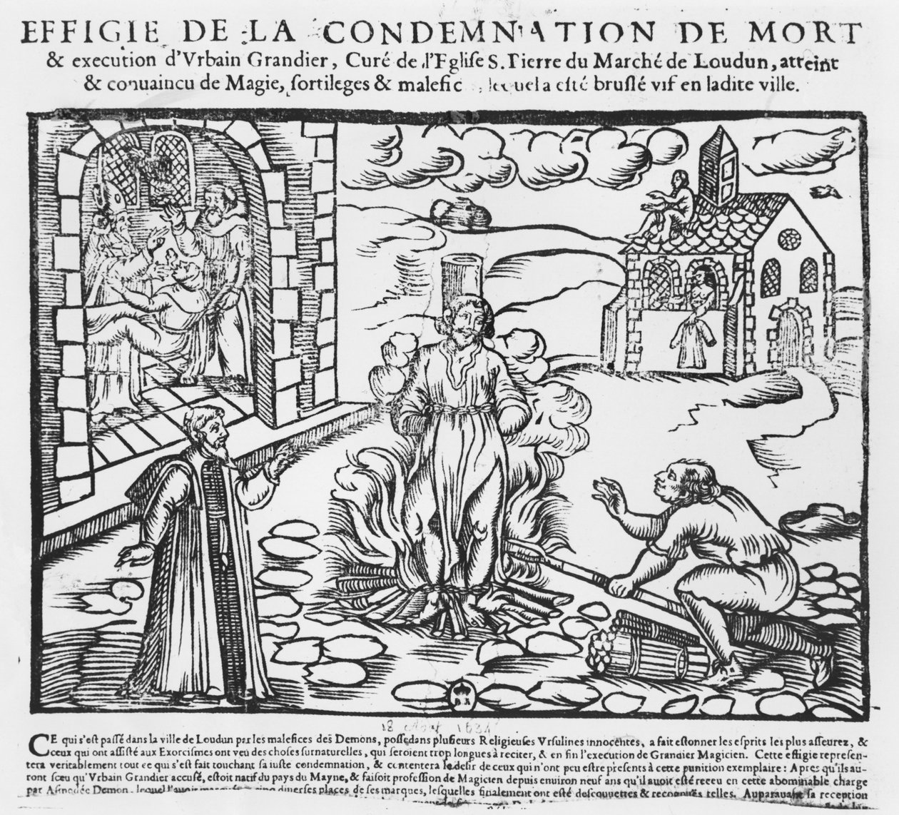 Urbain Grandier brûlé sur le bûcher après les événements de la possession de Loudun, 1634 - French School
