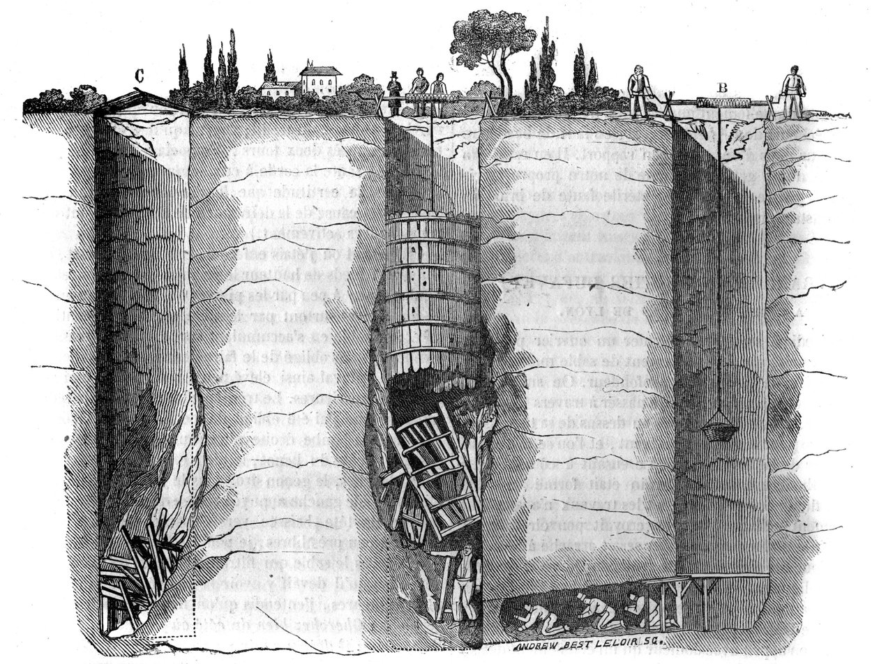 Faits divers : découpe du puits et sauvetage des puits utilisés pour débloquer un ouvrier de puisard resté coincé après un glissement de terrain pendant plusieurs jours, Champvert, près de Lyon. Dans « Le magasin pittoresque » 1836 - French School