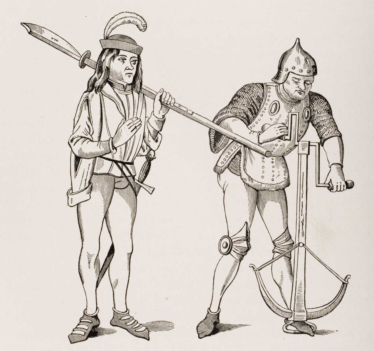 Varlet ou écuyer portant une hallebarde à lame épaisse et un archer tirant une corde d