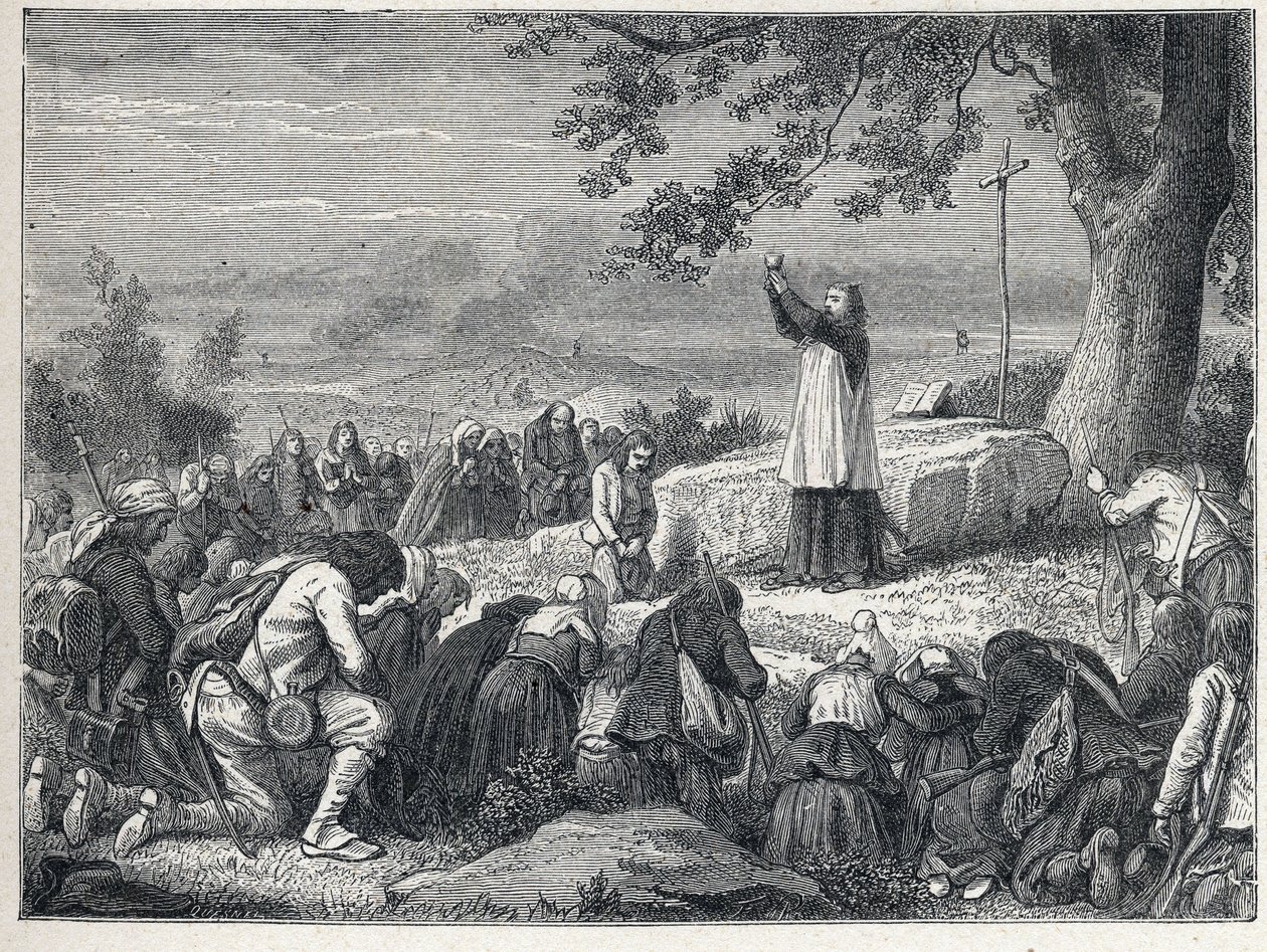 Guerres de Vendée (1793-1796) : Prêtre inséré célébrant une messe sous un chêne pour la population insurgée qui rejette les prêtres assermentés. Gravure de 1889. Collection privée. - French School