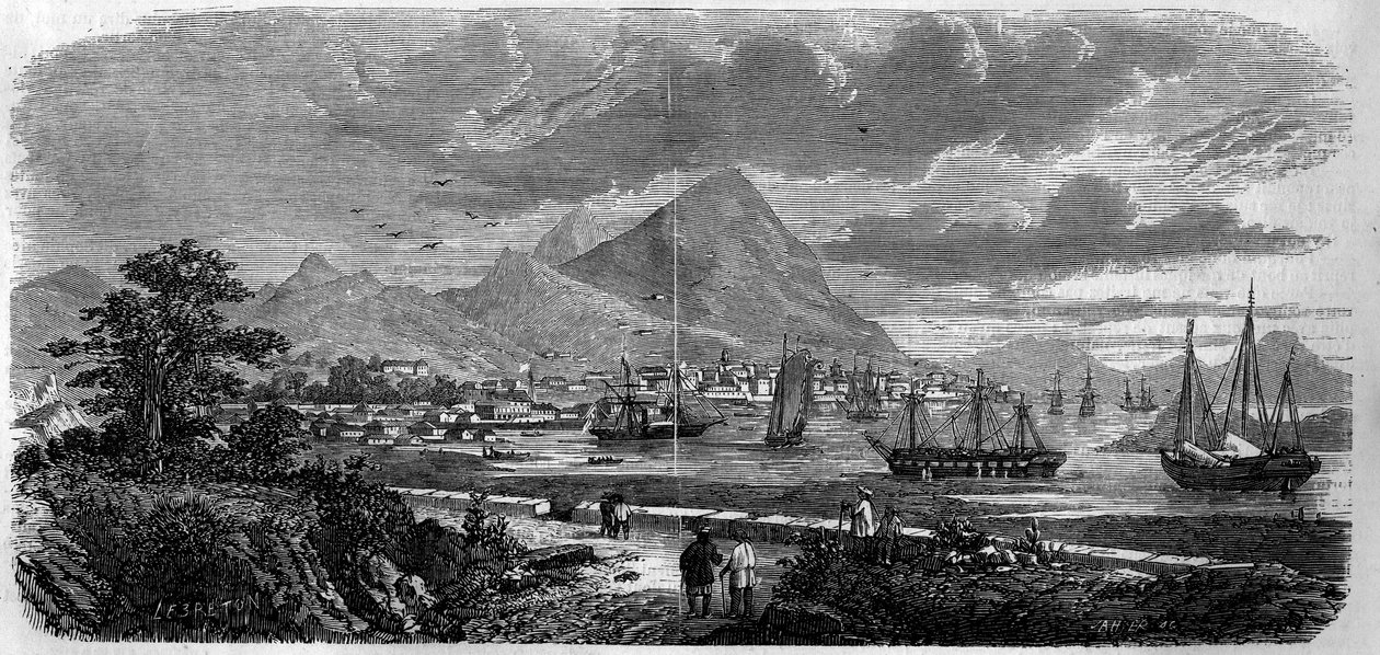 Vue de la ville de Hong Kong (Hong Kong) (île de la baie de Canton) en 1857. Gravure dans « Le Monde Illustré » n°29 du 31 octobre 1857. - French School