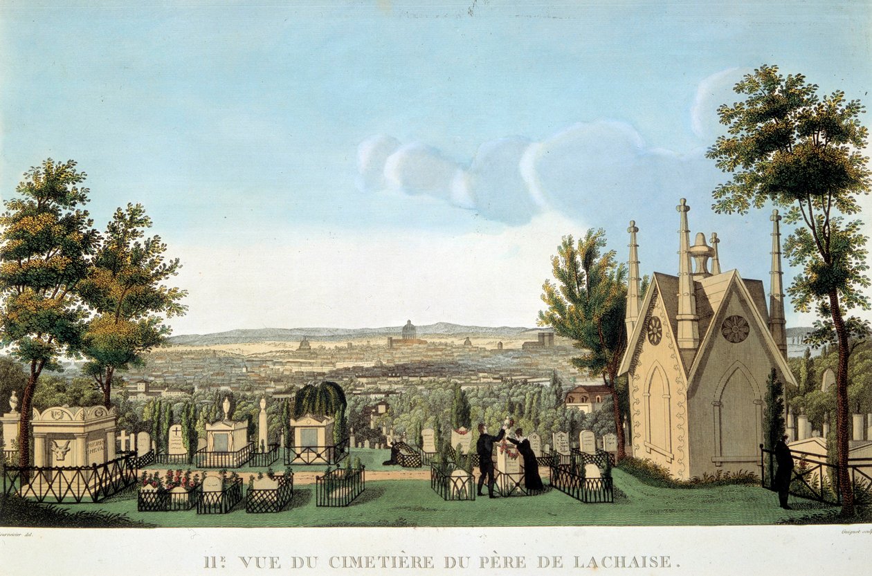 Vue du cimetière du Père Lachaise à Paris. Lithographie anonyme du 19ème siècle. Collection privée - French School