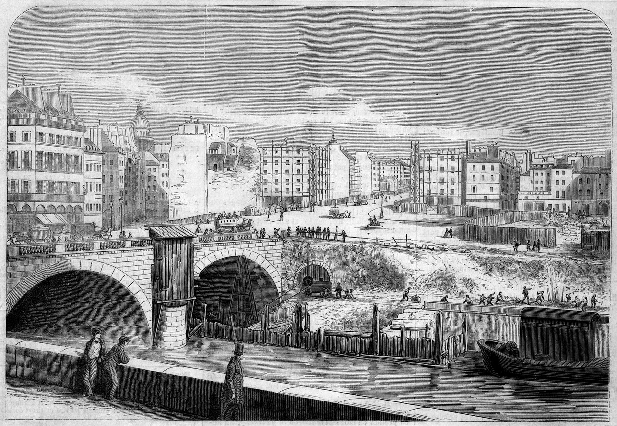 Vue du pont Saint-Michel, construit en 1857, et de la place Saint-Michel à Paris - French School