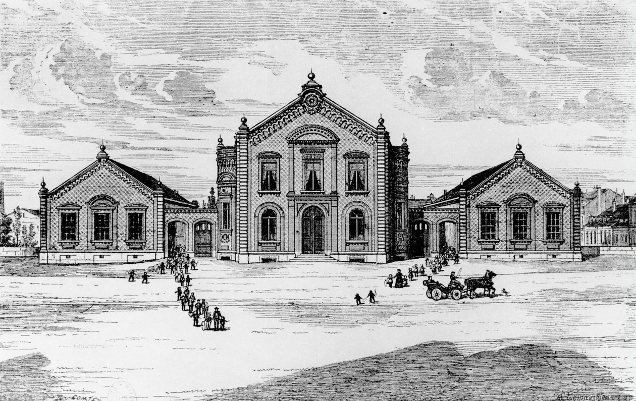 Vue des écoles et du théâtre, Familistère de Guise, de Solutions Sociales par Jean-Baptiste André Godin (1817-88), Paris, 1871 - French School