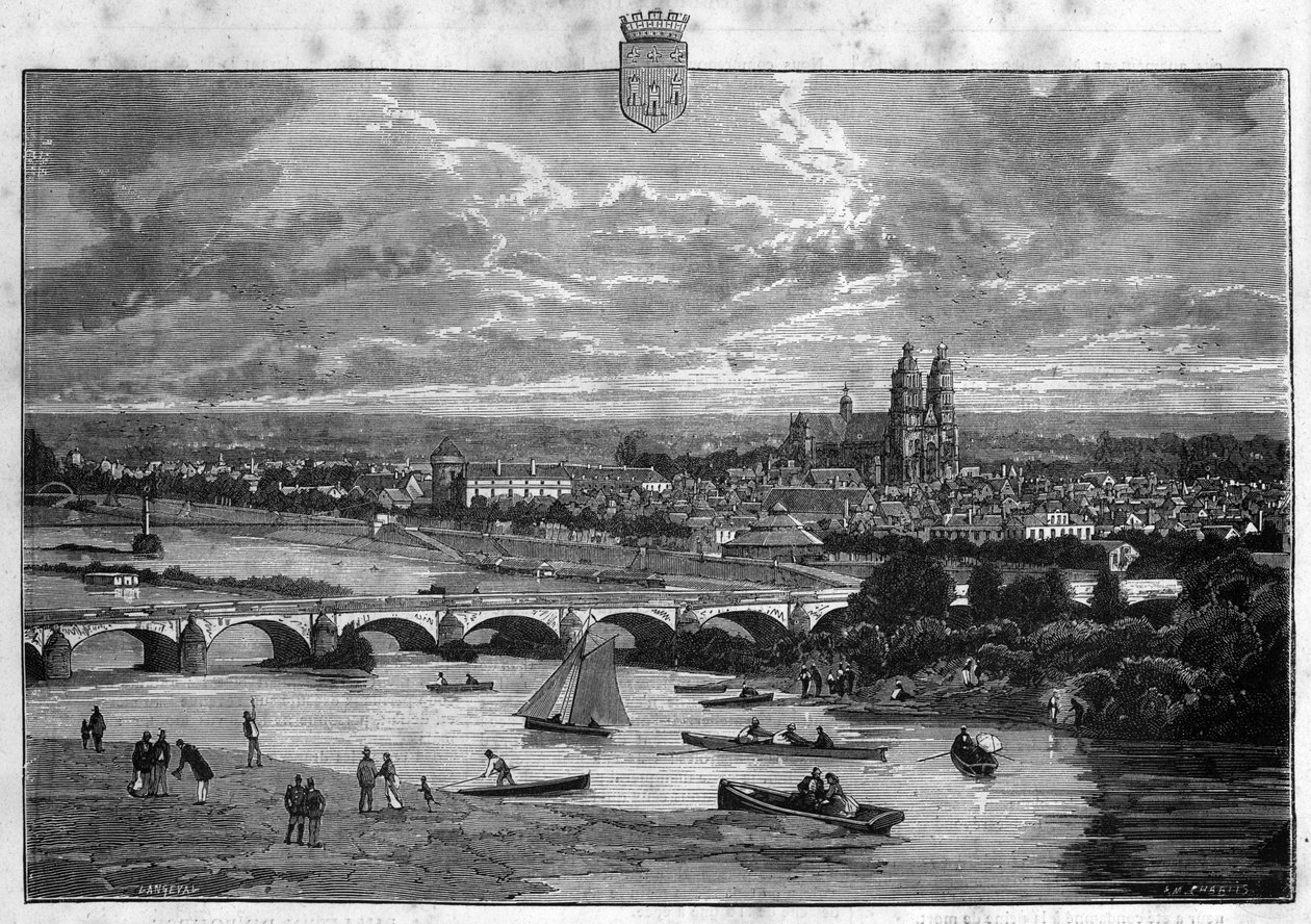Vue de la ville de Tours en Indre-et-Loire. Gravure de 1880 dans « La république illustrée » collection privée. - French School