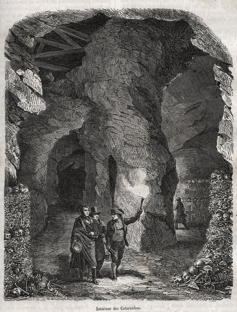 Visite des Catacombes de Paris au XIXe siècle - Gravure dans « Histoire physique, civile et morale de Paris : depuis les premiers temps historiques jusqu