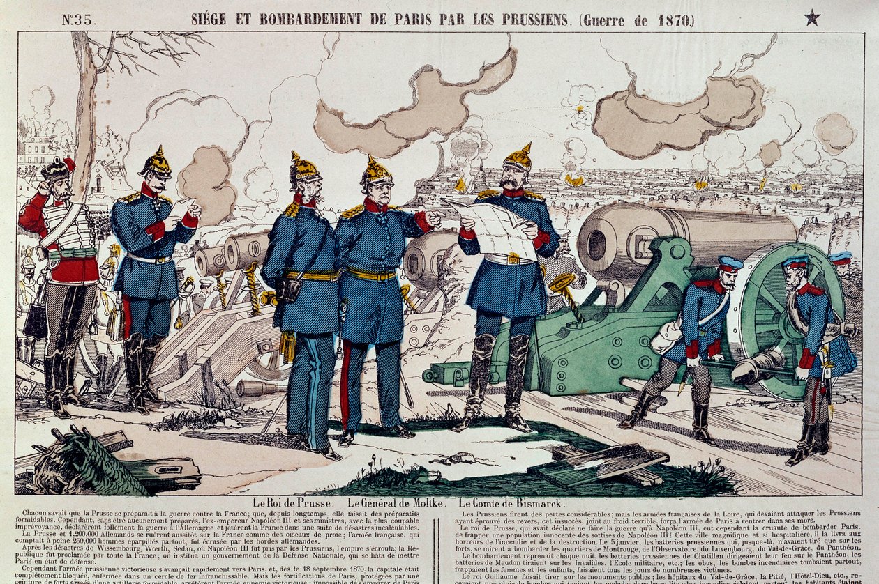 Guerre de 1870 : siège et bombardement de la ville de Paris par les Prussiens. Le roi prussien Guillaume Ier (1797-1888), le général Moltke (1800-1891) et le chancelier Otto von Bismarck (1815-1898) se concertent. Gravure de 1870. Paris, Musée Carnavalet - French School