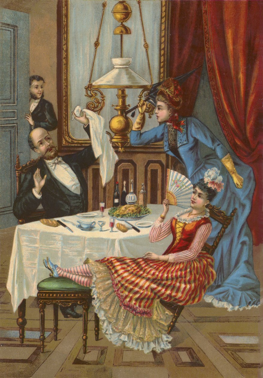 Femme réprimandant son mari pour avoir invité sa maîtresse à dîner (chromolitho) - French School