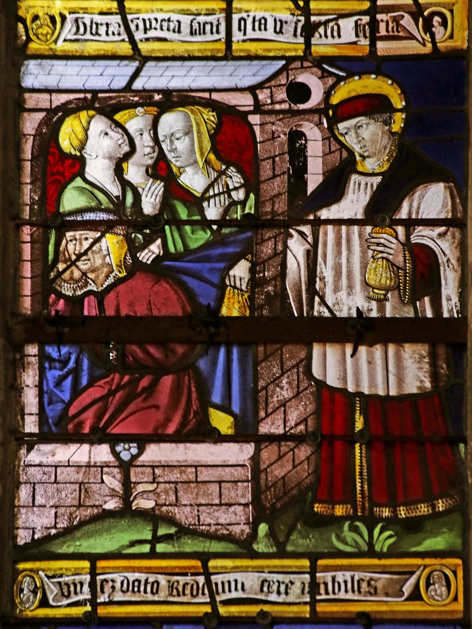 Vitrail représentant Saint Nicolas laissant de l