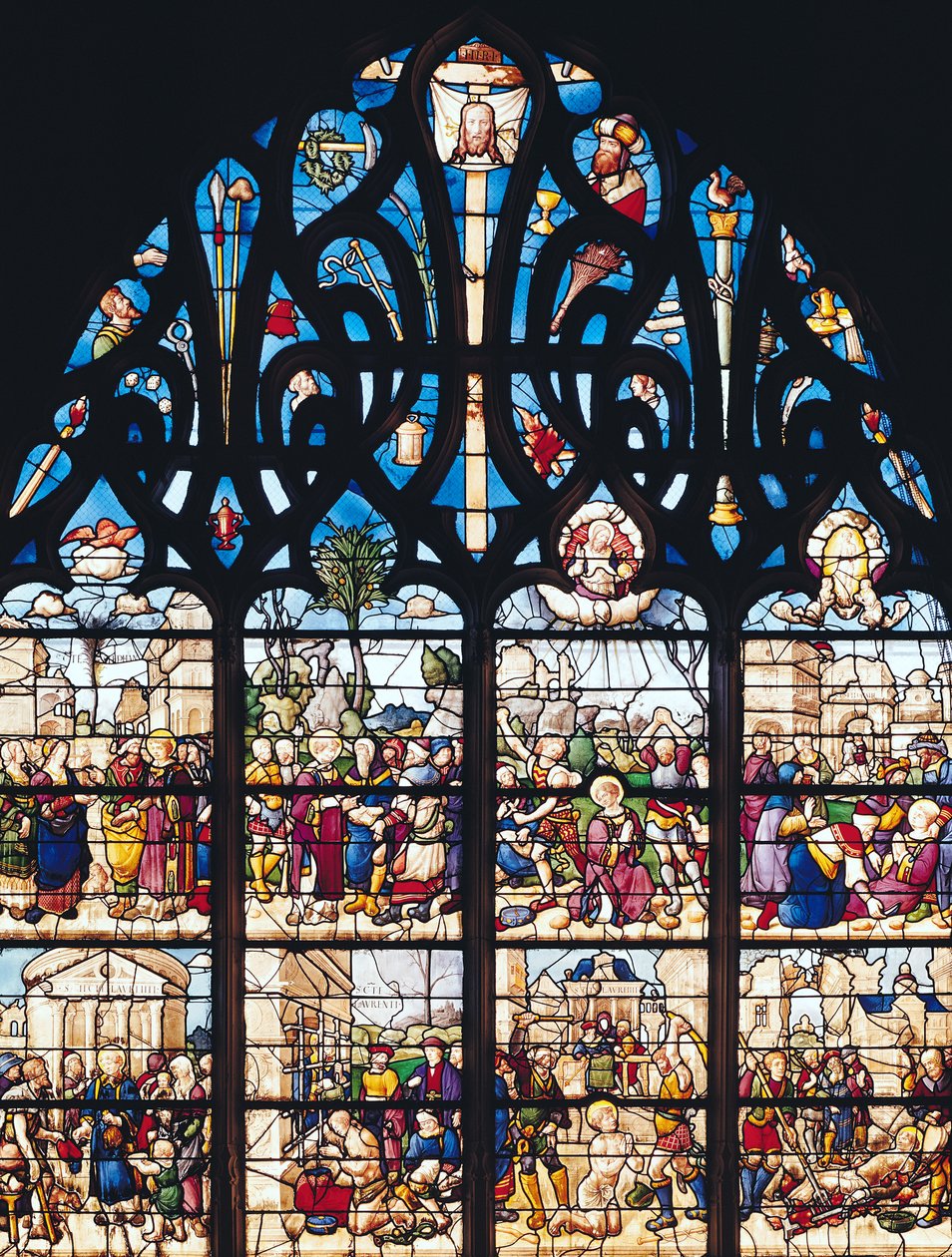 Vitrail représentant des scènes de la vie de Saint Étienne et Saint Laurent, de la Chapelle Bonne-Mort - French School