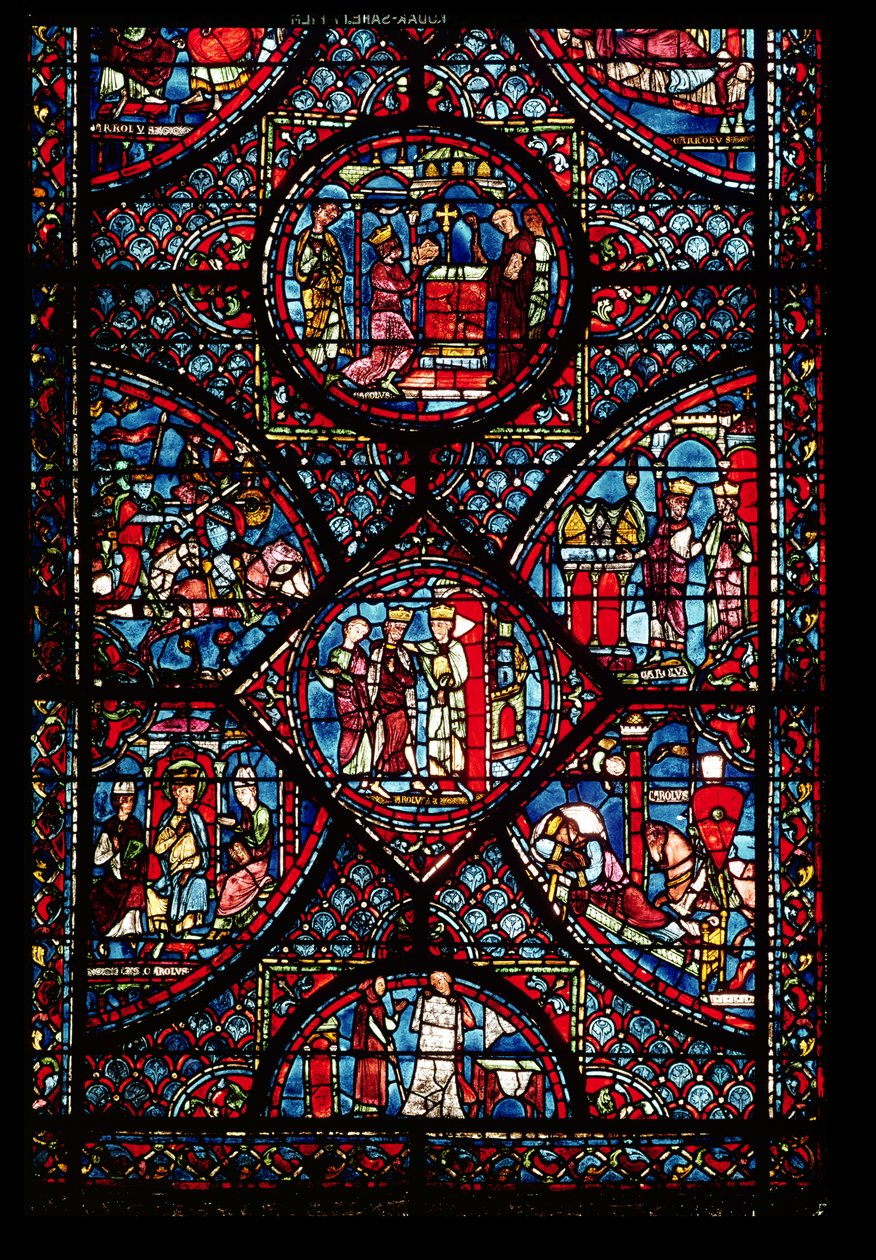 Vitrail représentant des scènes de la Vie de Charlemagne (747-814) du déambulatoire - French School