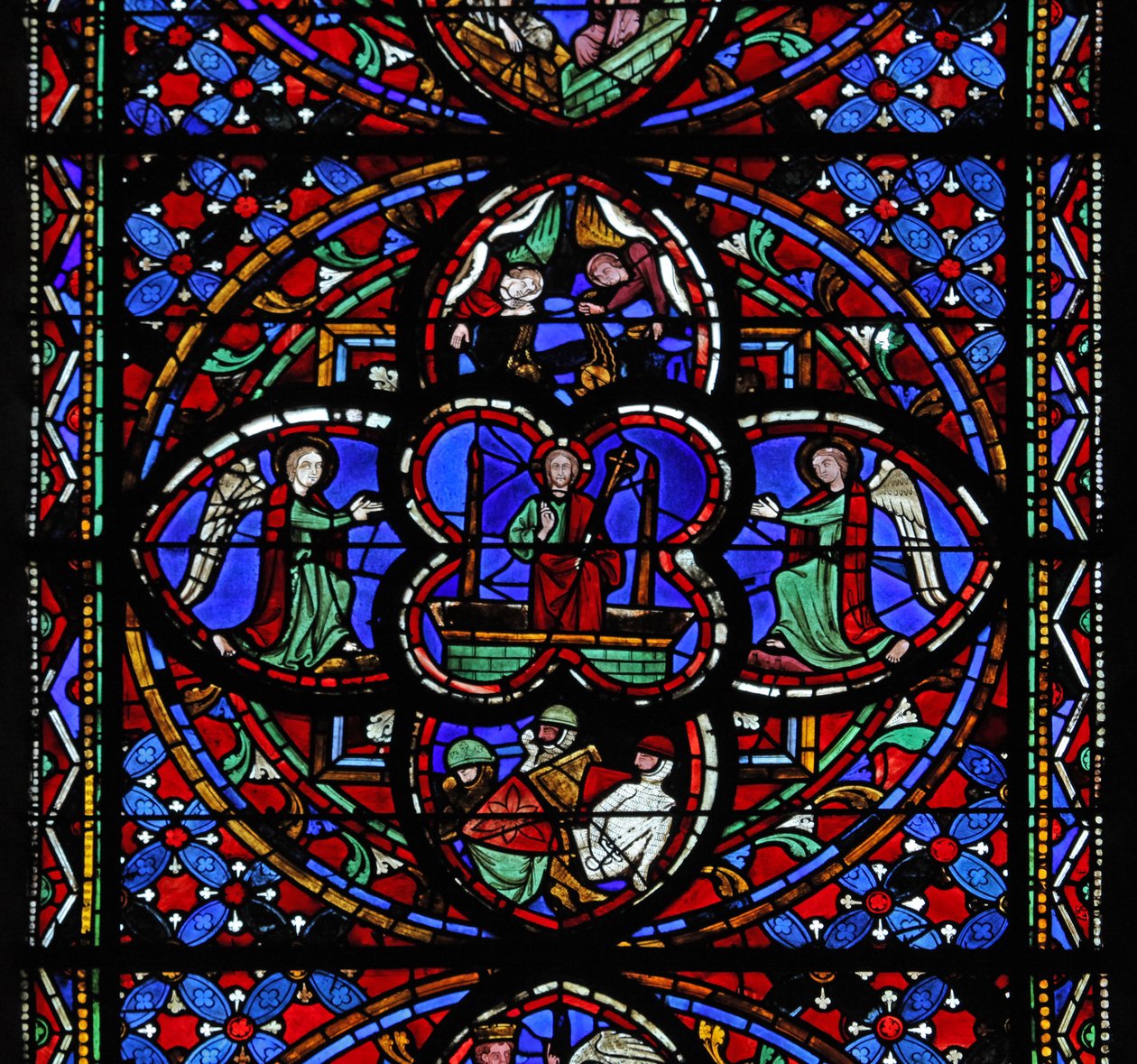 Fenêtre représentant la quatrième section de w0 : la Résurrection : avec les soldats endormis et les anges encensant - French School