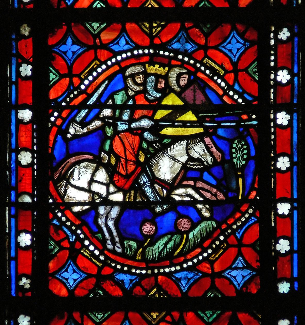 Fenêtre s1-R représentant une scène du voyage de Saint Bonnet à Rome : le roi Aripert de Pavie combat les barons - French School