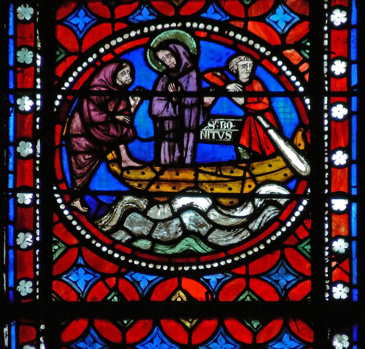 Fenêtre s1-R représentant une scène du voyage de Saint Bonnet à Rome et aventures - French School