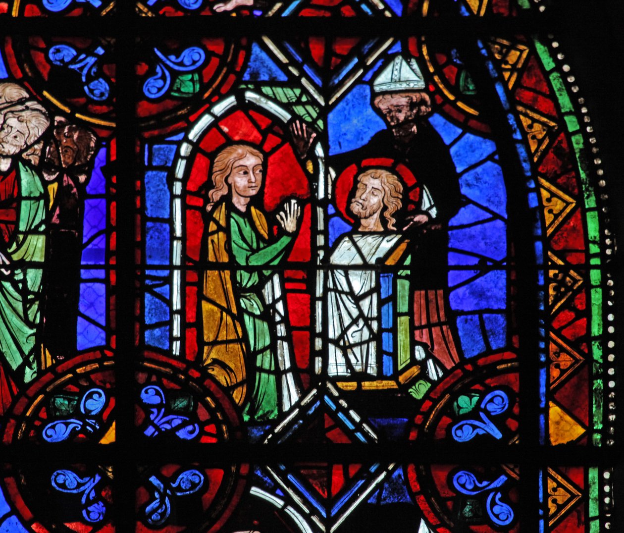 Fenêtre w06 représentant un pèlerin devant la relique de Saint Julien de Brioude - French School