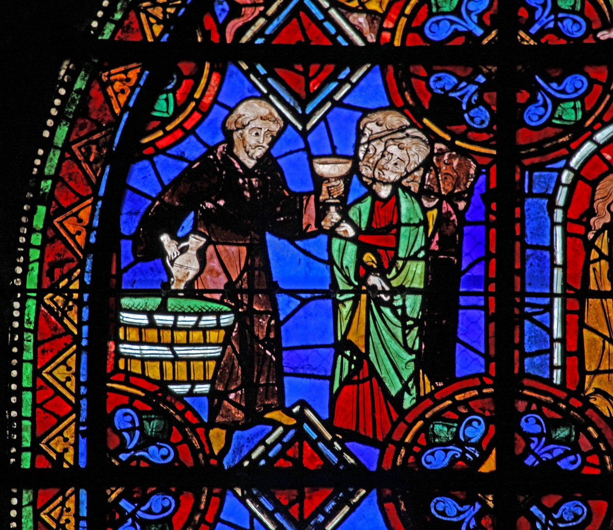 Fenêtre w06 représentant des pèlerins au tombeau de Saint Julien de Brioude où le vin est distribué - French School